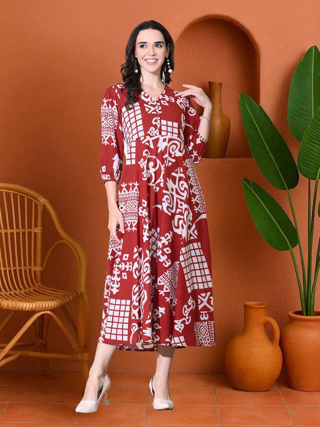 Sangria Ethnic Motifs Printed Cotton V-Neck Fit & Flare Midi Dress - Grey  to yellow