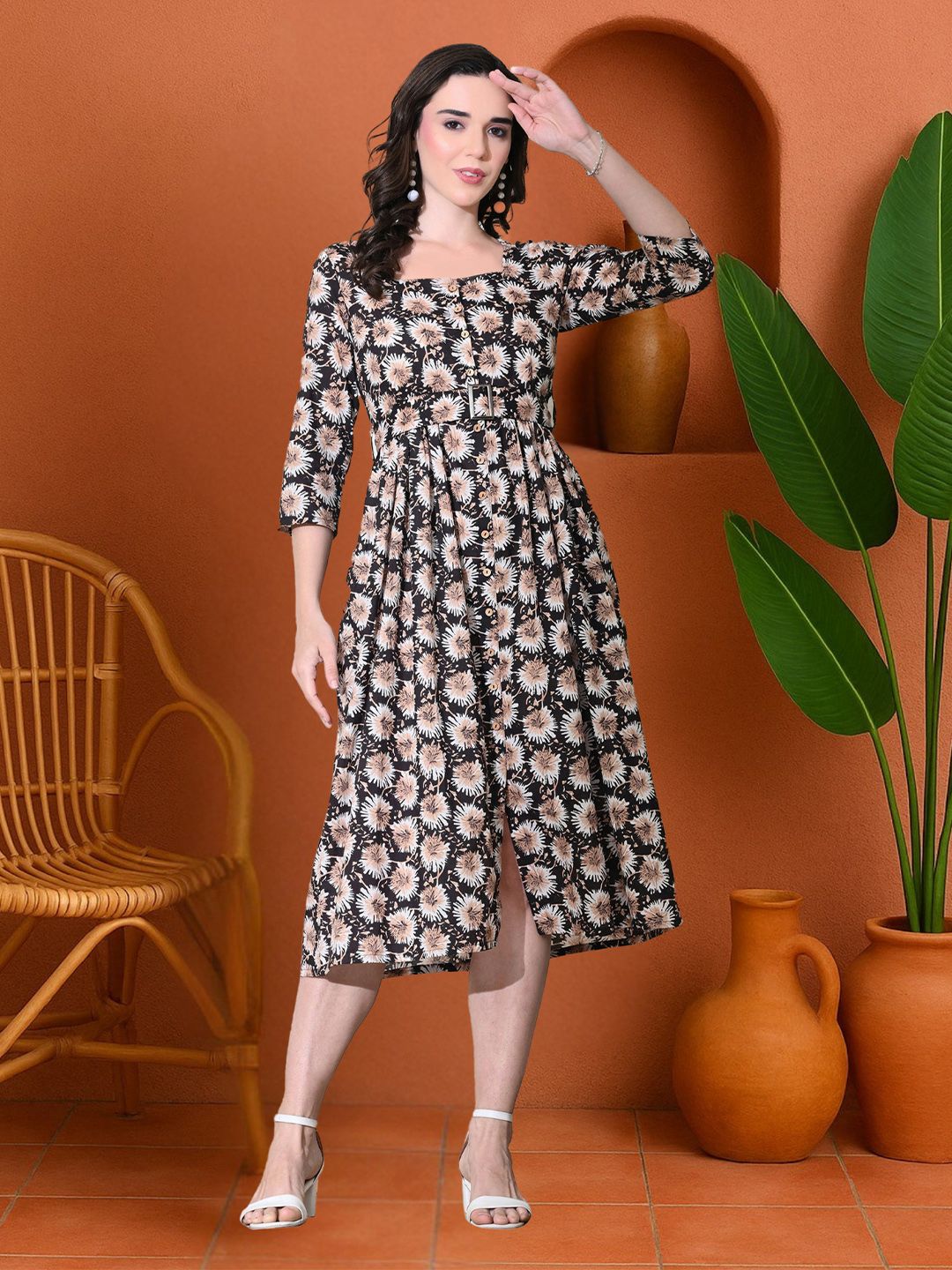 Sangria Women Cotton Floral Printed Square Neck Fit & Flare Midi Dress Comes With A Belt - Grey to yellow Sangria Women Cotton Floral Printed Square Neck Fit & Flare Midi Dress Comes With A Belt - Grey to yellow