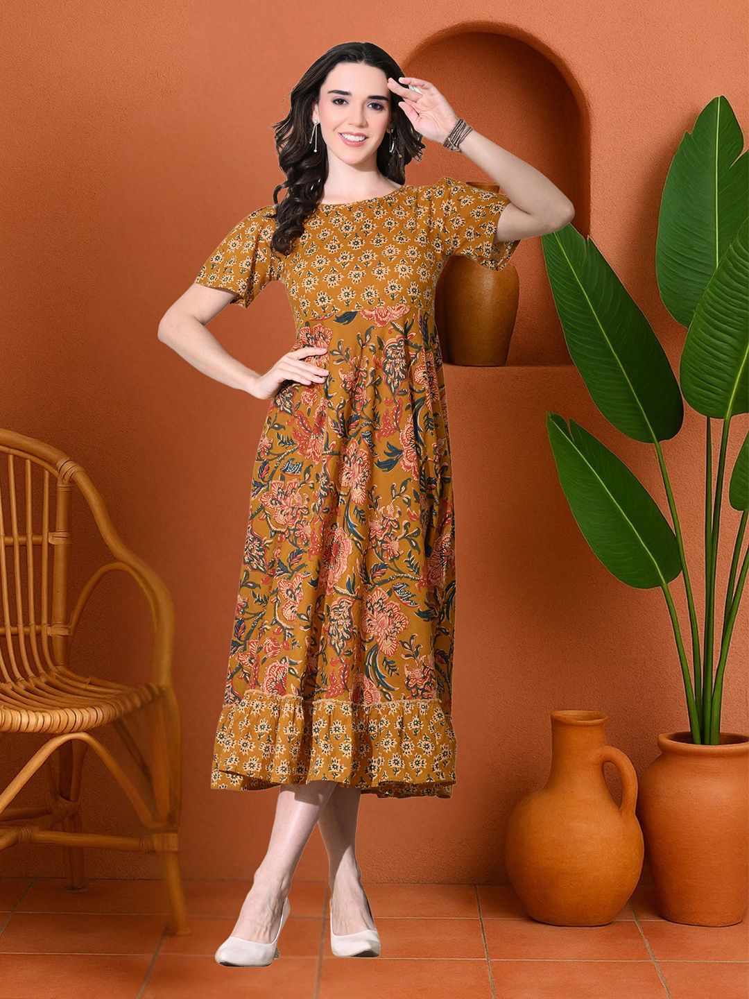 Sangria Women Floral Printed Tiered Cotton Fit & Flare Maxi Dress - Grey to  yellow