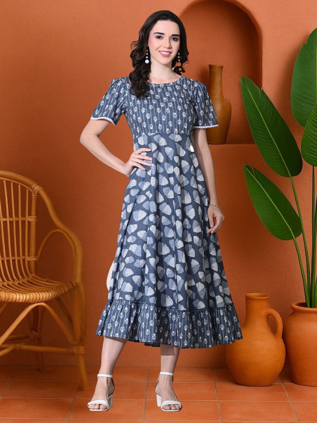 Sangria Women Ethnic Print Round Neck Fit & Flare Maxi Dress - Grey to yellow Sangria Women Ethnic Print Round Neck Fit & Flare Maxi Dress - Grey to yellow
