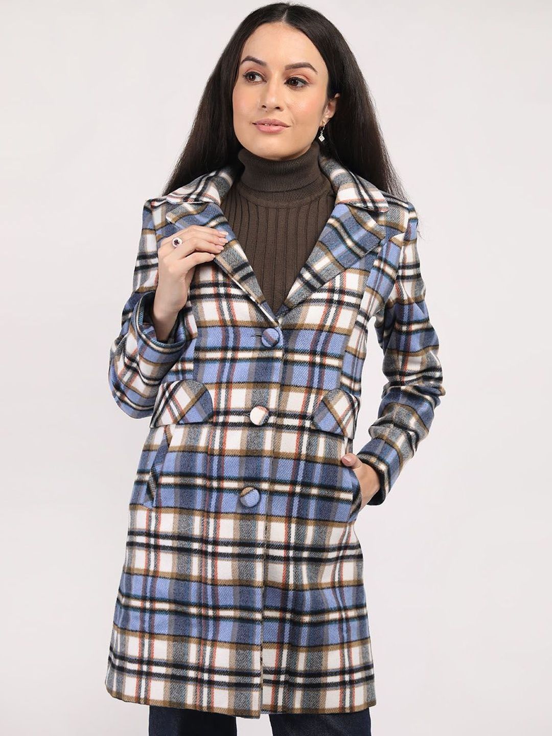 Roadster Women Blue Checked Polyester Regular Fit Trench Coat